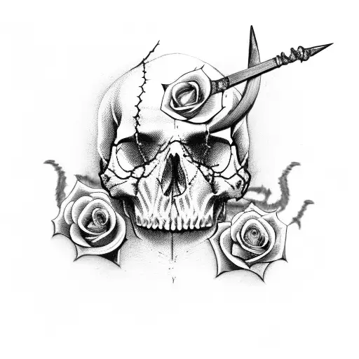dagger thru skull with barbed wire around and a rose tattoo design idea