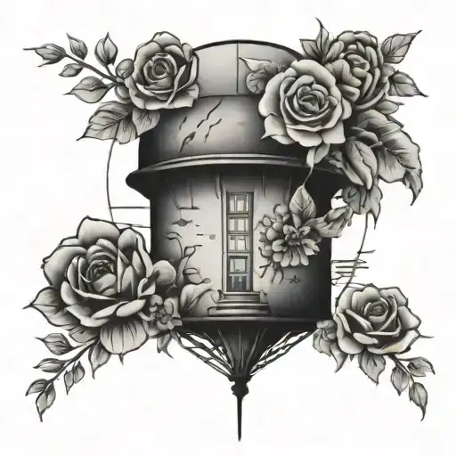 water tower surrounded by flowers tattoo design idea