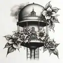 water tower surrounded by flowers tattoo design idea