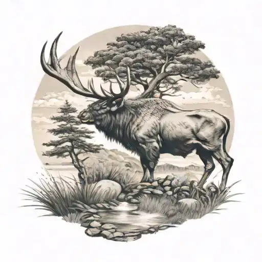 Buffalo deer tree mountain water grass sky axe  tattoo design idea