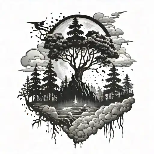 dark forest in fog above the forest thick dark clouds with lightning and above the clouds space with stars and the moon In a dark style tattoo design idea