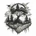 dark forest in fog above the forest thick dark clouds with lightning and above the clouds space with stars and the moon In a dark style tattoo design idea