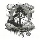 dark forest in fog above the forest thick dark clouds with lightning and above the clouds space with stars and the moon In a dark style tattoo design idea