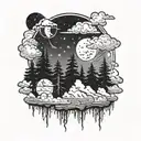dark forest in fog above the forest thick dark clouds with lightning and above the clouds space with stars and the moon In a dark style tattoo design idea