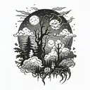 dark forest in fog above the forest thick dark clouds with lightning and above the clouds space with stars and the moon In a dark style tattoo design idea