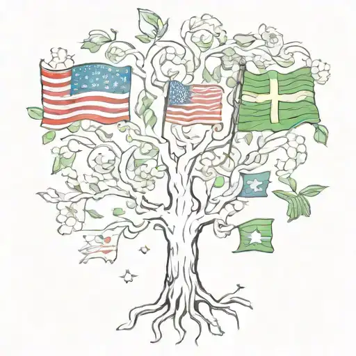 A tattoo of the flags of Venezuela, USA, England, and Ireland intertwined with a family tree, symbolizing the client's heritage and family tattoo design idea