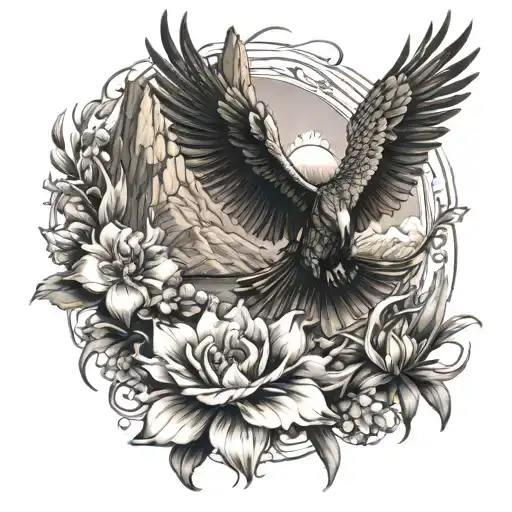 flower and mountains rising Phoenix from fire tattoo design idea