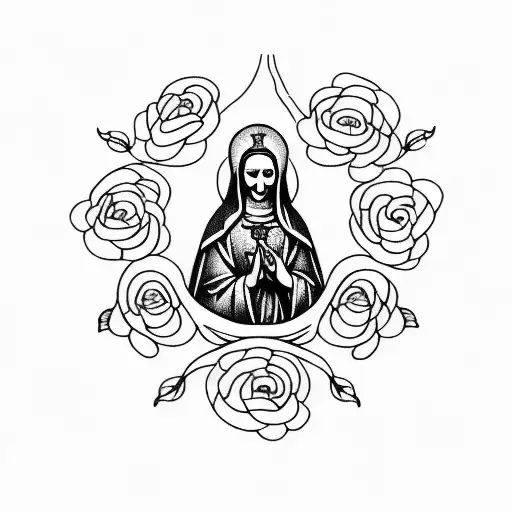 A dotwork tattoo of the Virgin Mary holding TREE ROSES  tattoo design idea