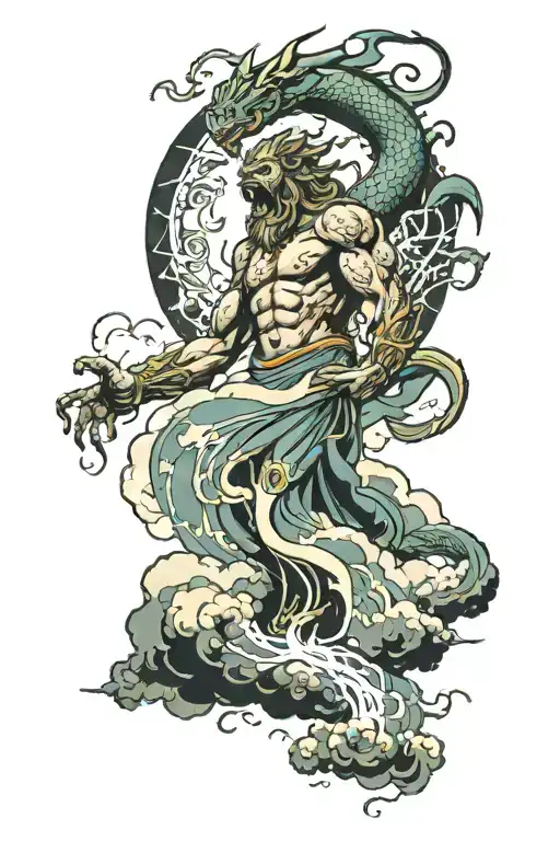 Zeus throwing lightening inside a cloud, dragon flying out of the bottom of clould about to attack a norse warrior tattoo design idea
