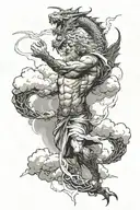Zeus throwing lightening inside a cloud, dragon flying out of the bottom of clould about to attack a norse warrior tattoo design idea