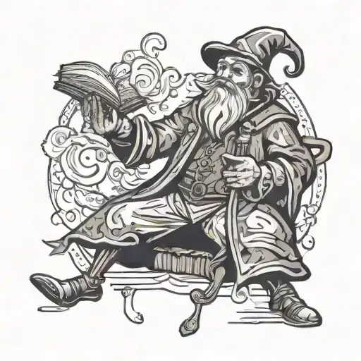 medieval magician with a book in one hand and a flask in the other tattoo design idea