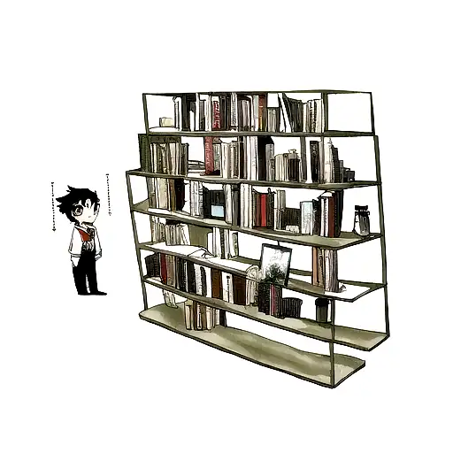 A minimalist tattoo of a well-educated boy surrounded by books and plants, representing his complete childhood and love for learning. tattoo design idea