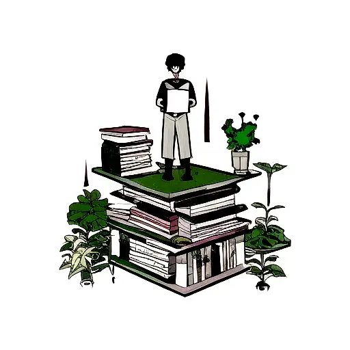 A minimalist tattoo of a well-educated boy surrounded by books and plants, representing his complete childhood and love for learning. tattoo design idea