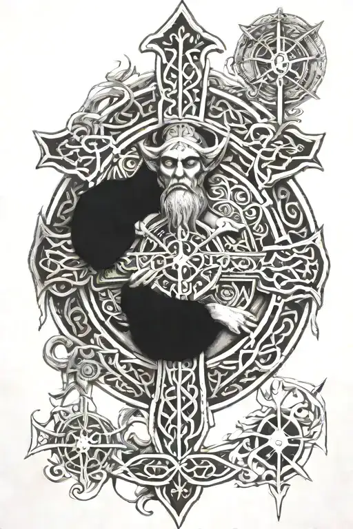 a mixture of a slightly shaded Celtic cross and a tarot hermit tattoo design idea