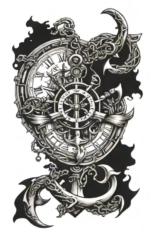 time, cruise ships, anchor intertwined tattoo design idea