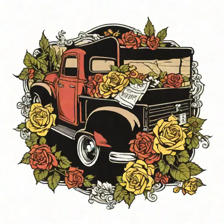 pickup truck camping scene roses lasagna tattoo design idea