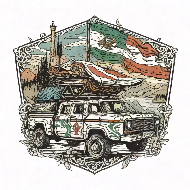 pickup truck camping Italian flag intertwined tattoo design idea