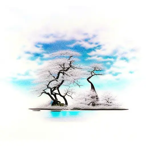 waterfall with blue lagoon with trees around with me and my dog seeing it tattoo design idea