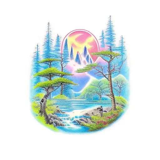 waterfall with blue lagoon with trees around with me and my dog seeing it tattoo design idea