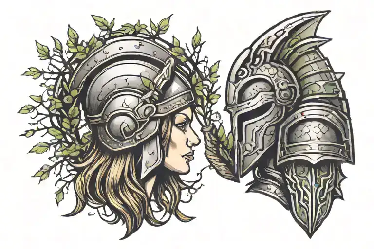tree spartan helmet daughter holding hands tattoo design idea