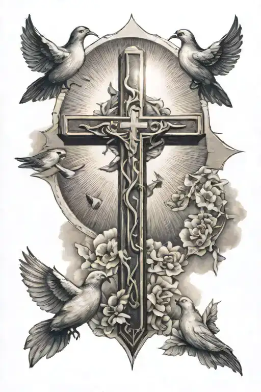 3 crosses and a dove under the sun shining tattoo design idea