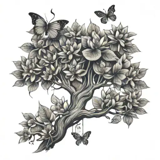 money tree with butterflies and lotus flowers blooming on its branches tattoo design idea