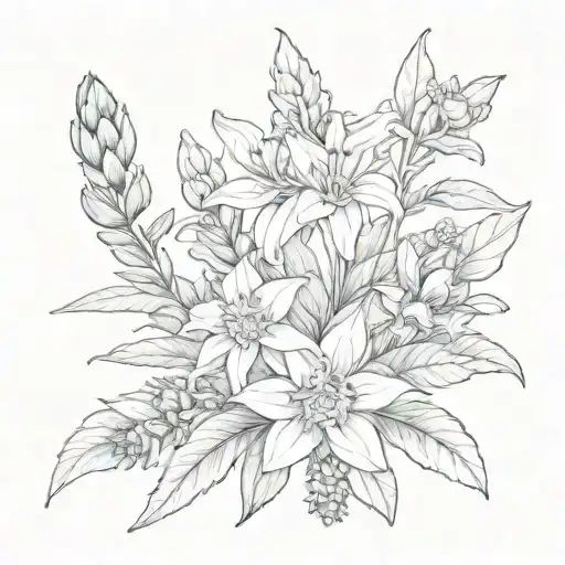 boquet of Edelweiss, hyssop, iris, sage, and magnolia flowers tattoo design idea