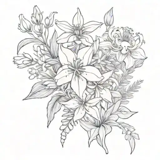 boquet of Edelweiss, hyssop, iris, sage, tiger lily,  and magnolia flowers  tattoo design idea