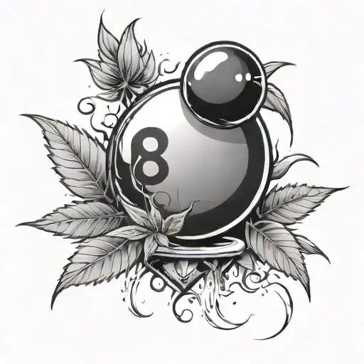 An acid-inspired design of a weed plant growing from a broken 8 ball pool ball tattoo design idea