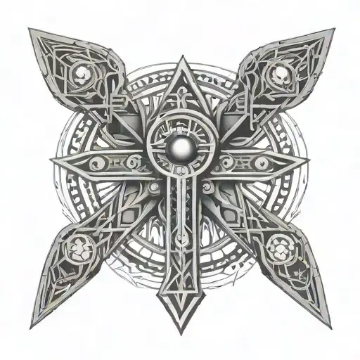A detailed black-grey tattoo of the dmt molecule forming the shape of an ankh, with a third eye at its center tattoo design idea
