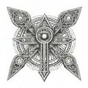 A detailed black-grey tattoo of the dmt molecule forming the shape of an ankh, with a third eye at its center tattoo design idea