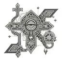 A detailed black-grey tattoo of the dmt molecule forming the shape of an ankh, with a third eye at its center tattoo design idea