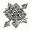 A detailed black-grey tattoo of the dmt molecule forming the shape of an ankh, with a third eye at its center tattoo design idea