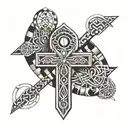 A detailed black-grey tattoo of the dmt molecule forming the shape of an ankh, with a third eye at its center tattoo design idea