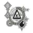 A detailed black-grey tattoo of the dmt molecule forming the shape of an ankh, with a third eye at its center tattoo design idea