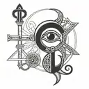 A detailed black-grey tattoo of the dmt molecule forming the shape of an ankh, with a third eye at its center tattoo design idea