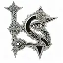 A detailed black-grey tattoo of the dmt molecule forming the shape of an ankh, with a third eye at its center tattoo design idea