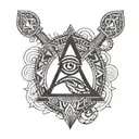 A detailed black-grey tattoo of the dmt molecule forming the shape of an ankh, with a third eye at its center tattoo design idea