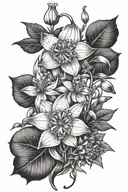 daffodil, poppy, lily of the valley, larkspur, aster, marigold, crysanthemum, holly tattoo design idea
