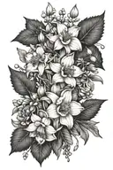 daffodil, poppy, lily of the valley, larkspur, aster, marigold, crysanthemum, holly tattoo design idea
