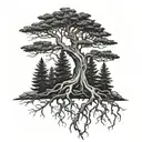 pines tree with roots reaching deep tattoo design idea