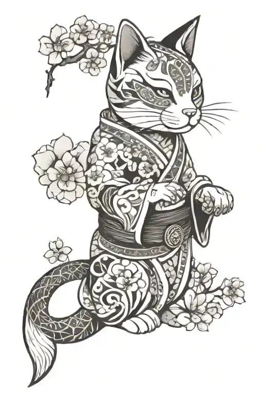 maneki Neko holding, kimono holding, cherryblossom tattoo design idea