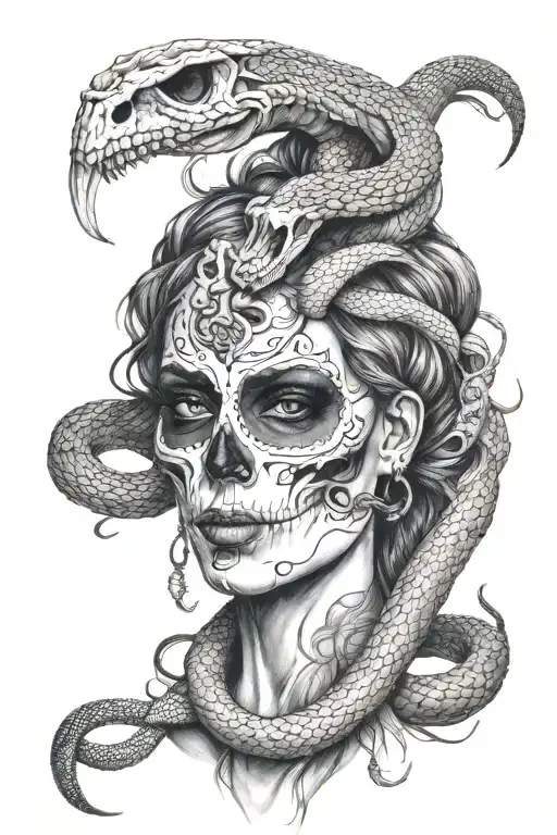 Skull face women with snake tattoo design idea