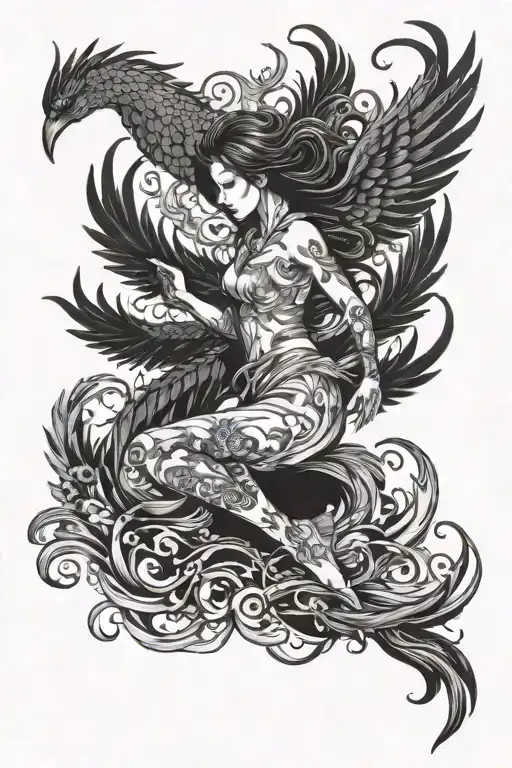 The girl is falling next to the flying phoenix tattoo design idea