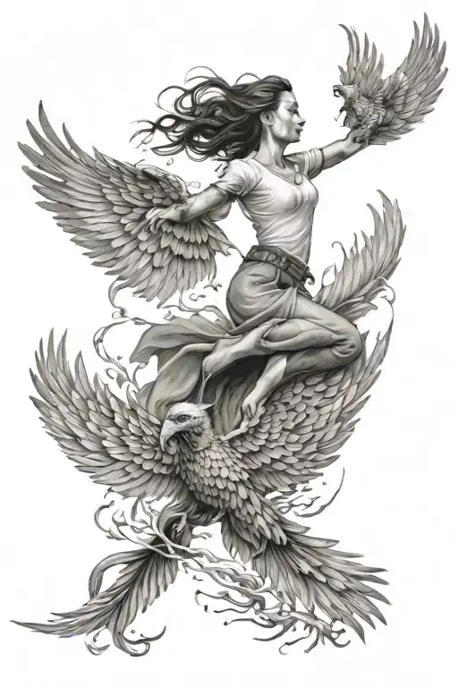 The girl is falling next to the flying phoenix tattoo design idea