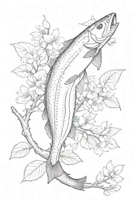 king salmon tail, cedar tree branch, granny smith apple blossom tattoo design idea
