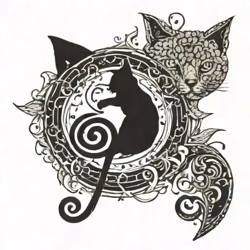 semi colon that looks like a cat, the tail is part of a treble clef with a heartbeat on the sides tattoo design idea