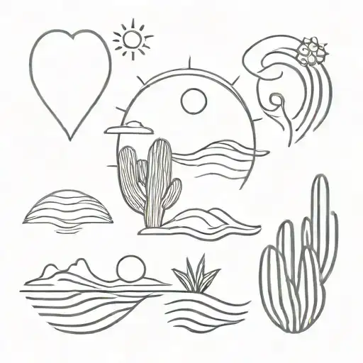 cactus, wave, heart, sun  tattoo design idea