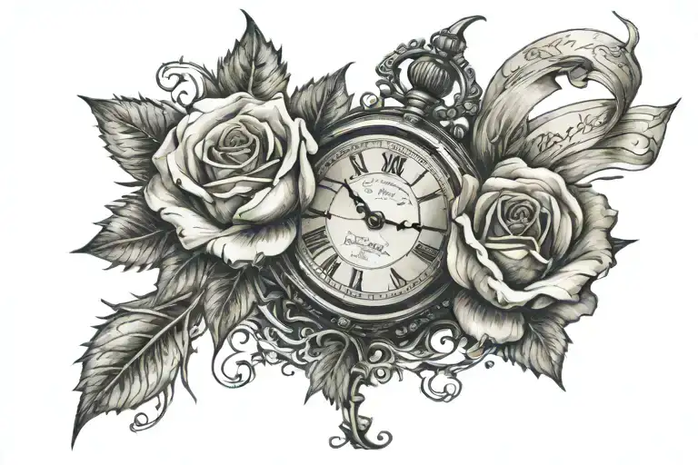 a broken vintage pocket watch, a rose with thorns, and a banner around it  tattoo design idea