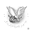 A dotwork tattoo of a dove carrying an olive branch, symbolizing peace tattoo design idea
